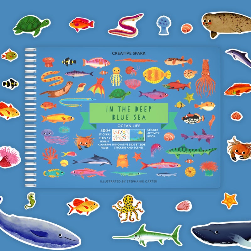 Cupkin Ocean Sticker Book Activity for Kids, Toddler Airplane Travel Essentials, 500+ Shark Stickers for Kids + 12 Scenes + 12 Coloring Book Pages, Deep Blue Sea Gift, Kid Crafts Ages 2-8 - Image 3