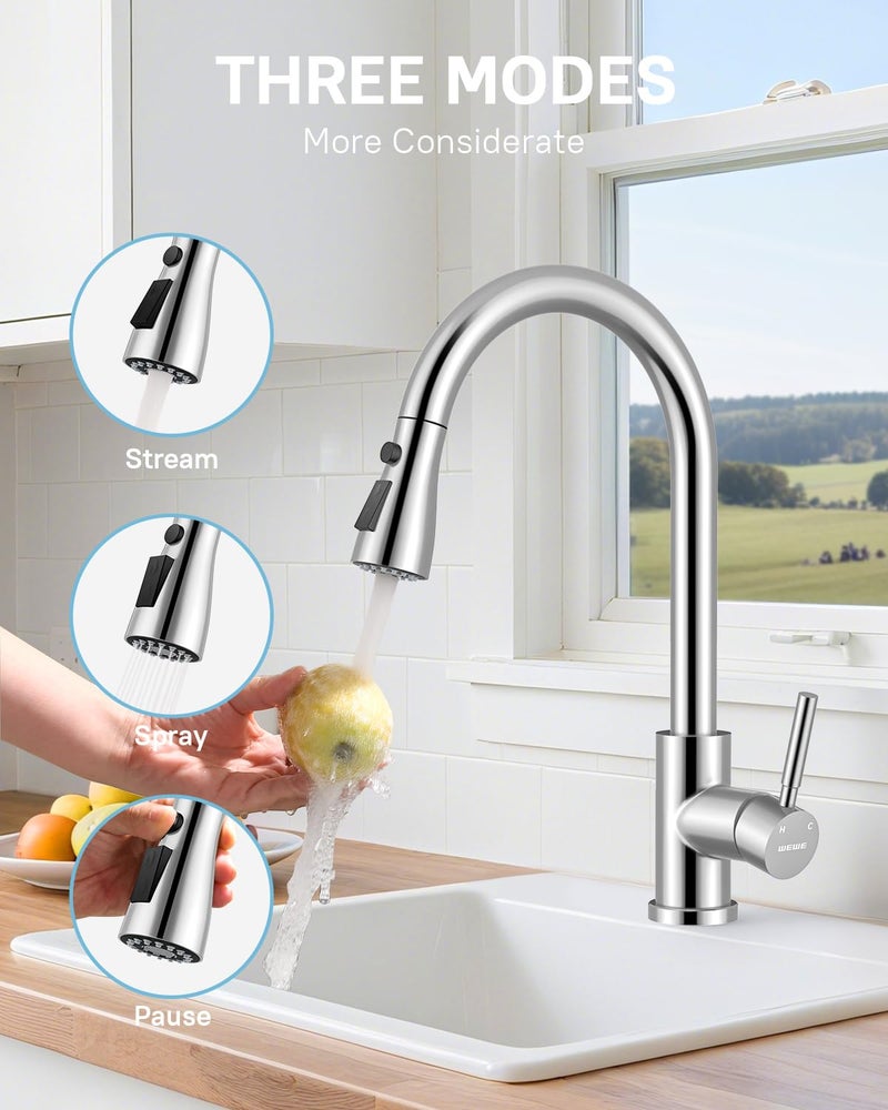WEWE Kitchen Faucets with Pull Down Sprayer, Stainless Steel Single Handle 1 Hole for Family Kitchen Commercial Camper Laundry Rv Bar, Polished Chrome - Image 4