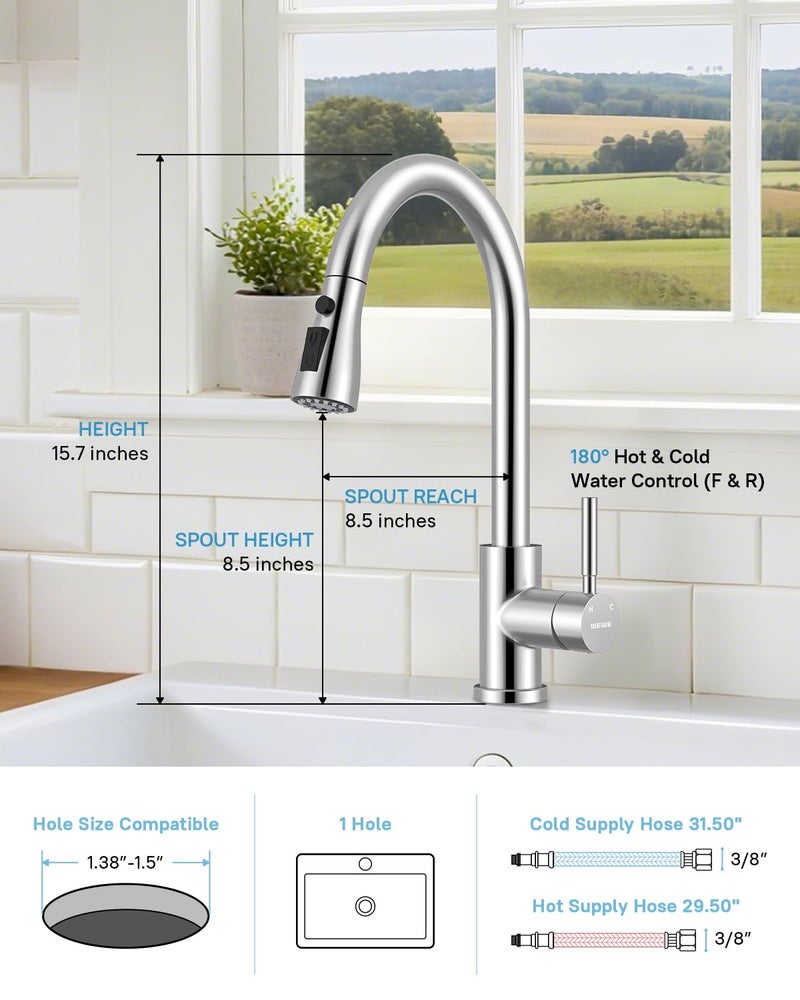 WEWE Kitchen Faucets with Pull Down Sprayer, Stainless Steel Single Handle 1 Hole for Family Kitchen Commercial Camper Laundry Rv Bar, Polished Chrome - Image 2