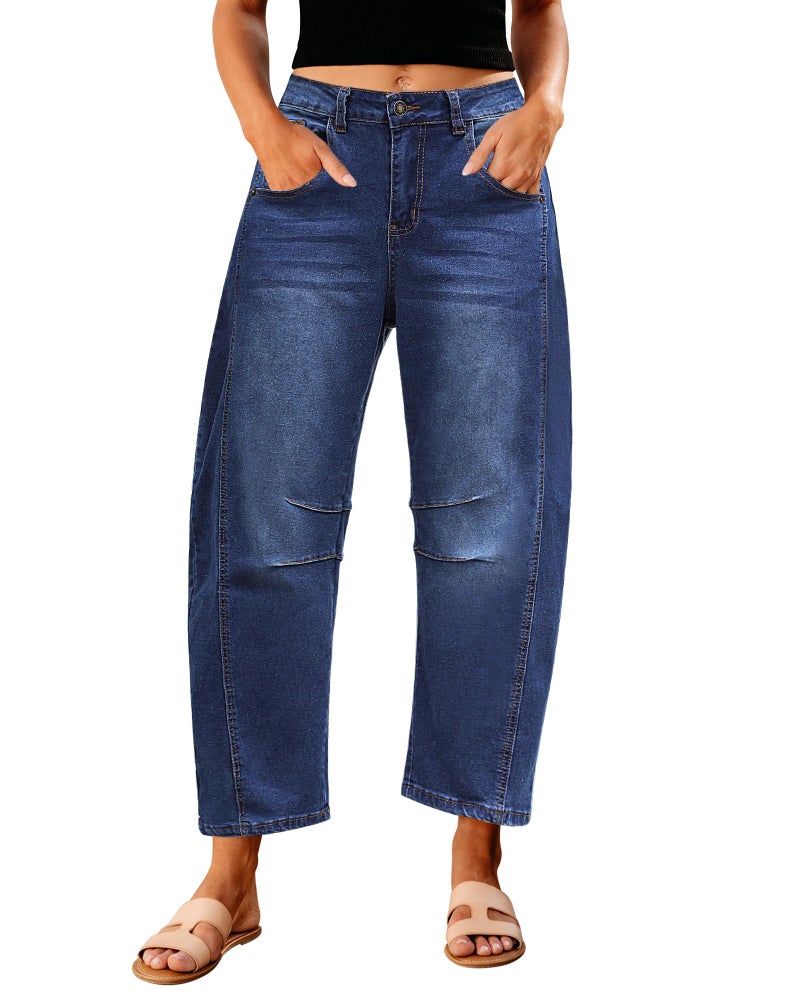 GRAPENT Barrel Jeans for Women Balloon Wide Leg Cropped Trendy Jeans Boyfriend High Waisted Jean Pants Casual Stretchy Summer Denim Trousers Color Classic Blue Small Petite Size 4 to 6 - Image 1