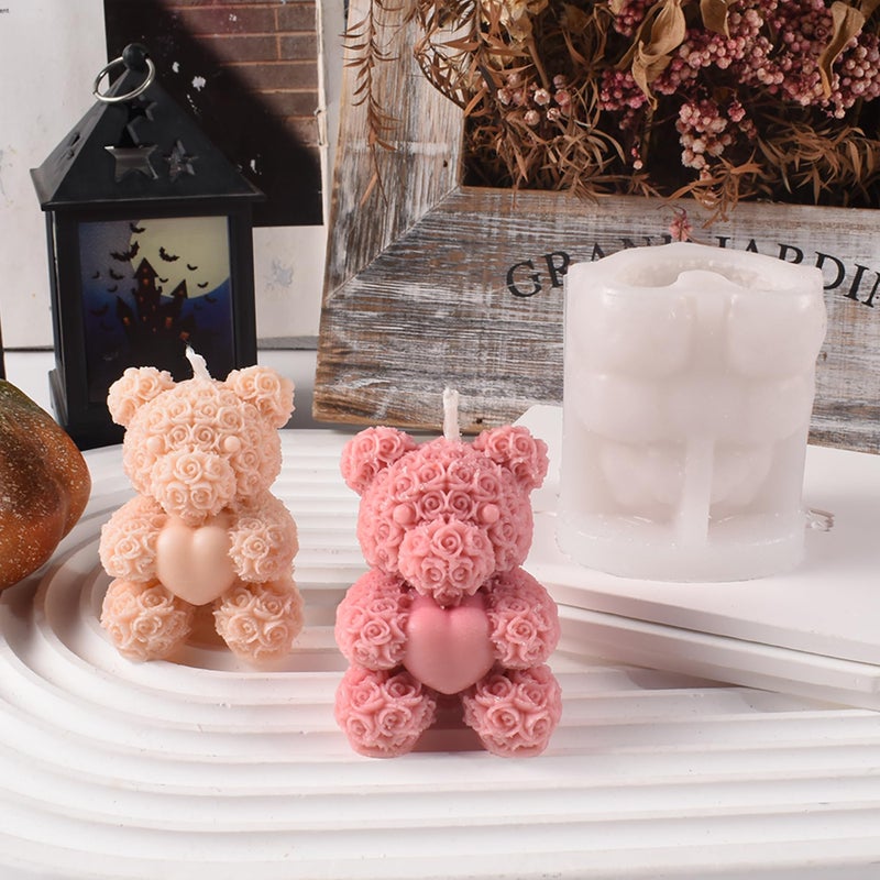 ESEDAGE Rose Bear Heart Animal Rose Bear Soap Casting Making Molds Silicone Mold for Candle Home Decorate Mold 3D Animal Candle Making Mold - Image 5