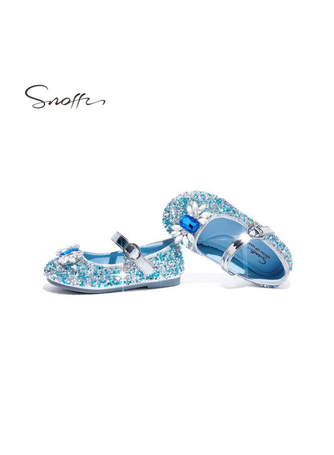 Snoffy أحذية جلدية للبنات ربيع وخريف أحذية أميرة إلسا للأطفال أحذية كريستال أحذية أداء للأطفال الكبار أحذية نعل ناعم أزرق جليدي المقاس 32 - Image 3