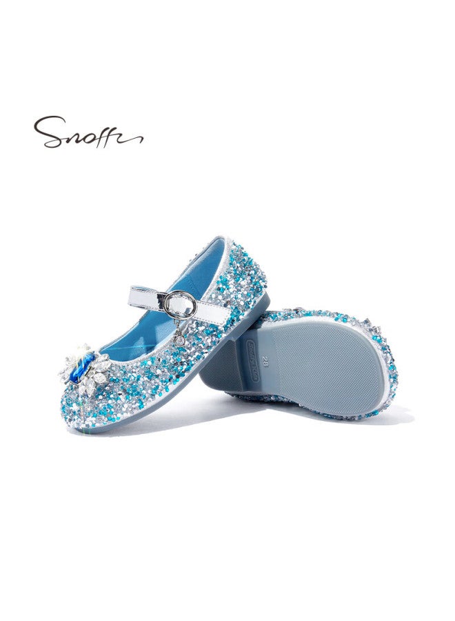 Snoffy أحذية جلدية للبنات ربيع وخريف أحذية أميرة إلسا للأطفال أحذية كريستال أحذية أداء للأطفال الكبار أحذية نعل ناعم أزرق جليدي المقاس 32 - Image 5