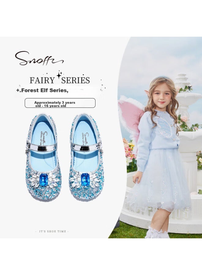Snoffy أحذية جلدية للبنات ربيع وخريف أحذية أميرة إلسا للأطفال أحذية كريستال أحذية أداء للأطفال الكبار أحذية نعل ناعم أزرق جليدي المقاس 32 - Image 1