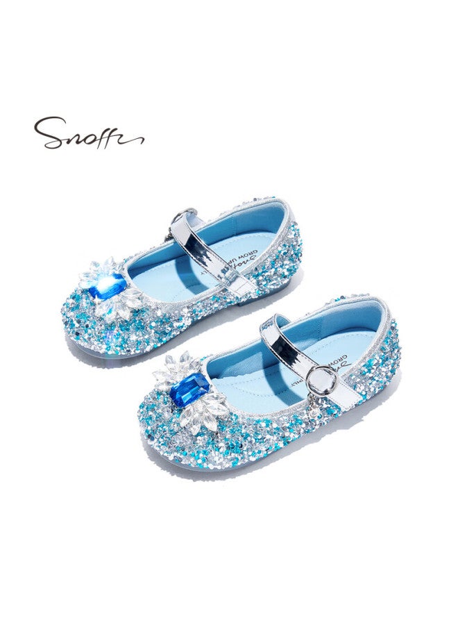 Snoffy أحذية جلدية للبنات ربيع وخريف أحذية أميرة إلسا للأطفال أحذية كريستال أحذية أداء للأطفال الكبار أحذية نعل ناعم أزرق جليدي المقاس 32 - Image 2