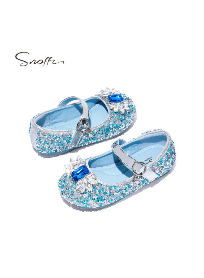 Snoffy أحذية جلدية للبنات ربيع وخريف أحذية أميرة إلسا للأطفال أحذية كريستال أحذية أداء للأطفال الكبار أحذية نعل ناعم أزرق جليدي المقاس 32 - Image 4