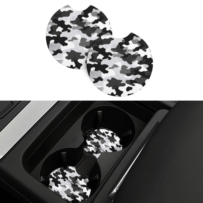 Universal Non Slip Car Cup Holder Coaster Set Of 2 Absorbent Rubber Mats Black Grey White Camo - Image 2