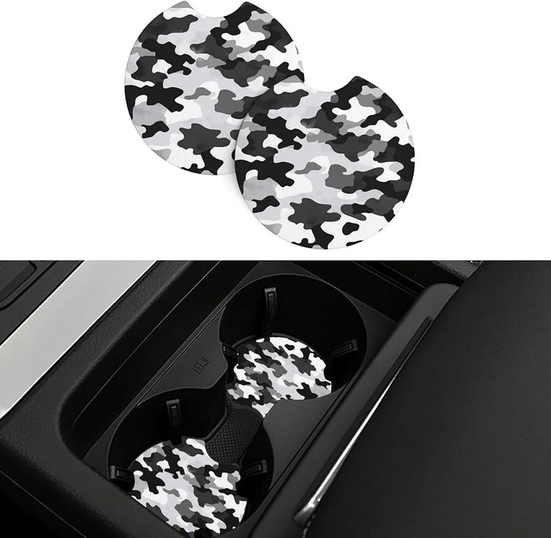 Universal Non Slip Car Cup Holder Coaster Set Of 2 Absorbent Rubber Mats Black Grey White Camo - Image 1