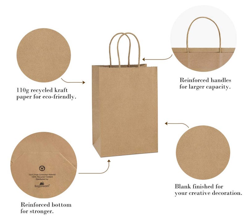 BagDream Gift Bags 100Pcs 5.25x3x8 Small Kraft Paper Gift Bags with Handles Bulk, Brown Paper Sacks for Small Business, Retail, Merchandise, Wedding Birthday Party Favor - Image 5
