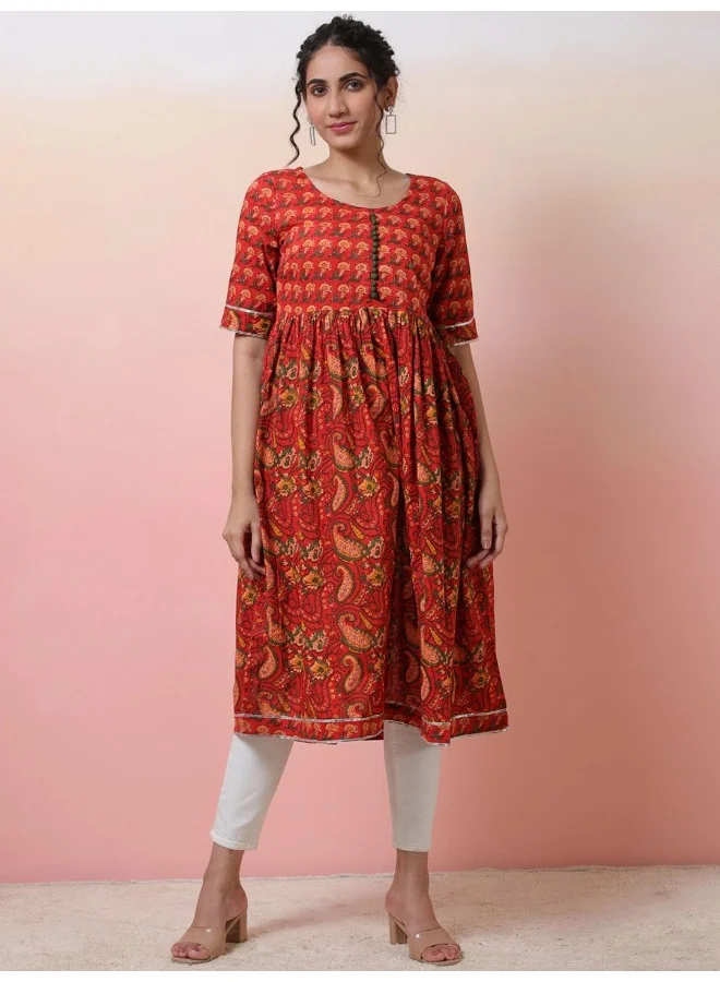 AKS Red Paisley Print Gathered Kurta