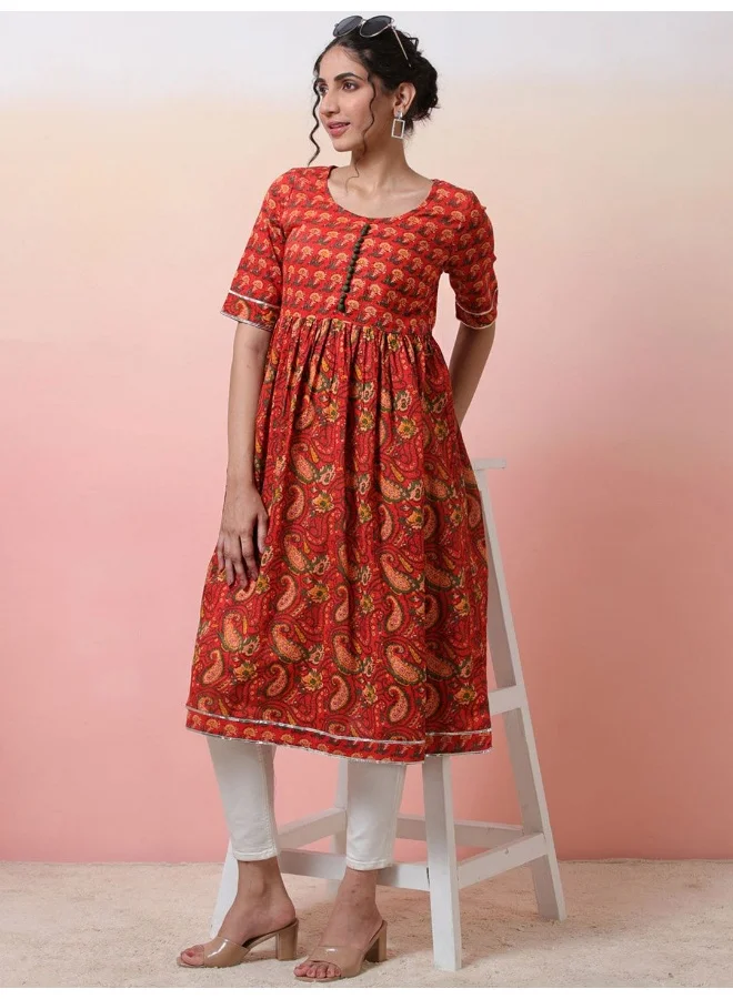 AKS Red Paisley Print Gathered Kurta