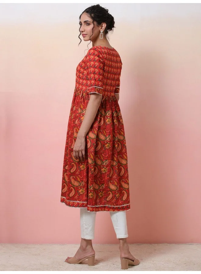 AKS Red Paisley Print Gathered Kurta