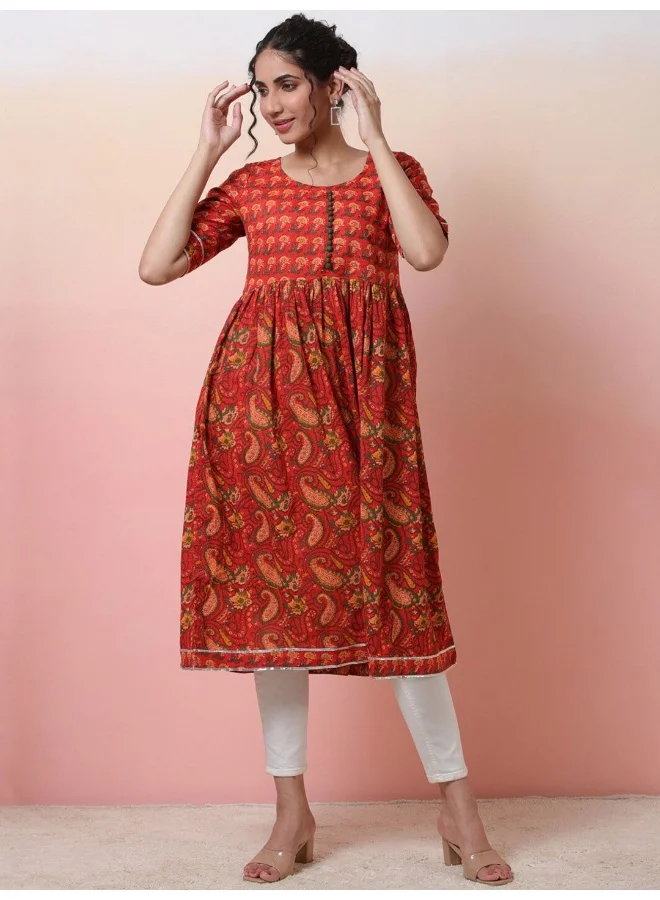 AKS Red Paisley Print Gathered Kurta