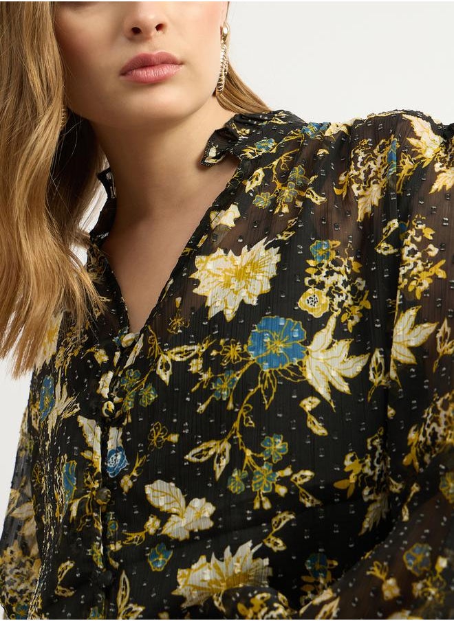 Styli - Floral Print Balloon V-Neck Blouse - Image 1