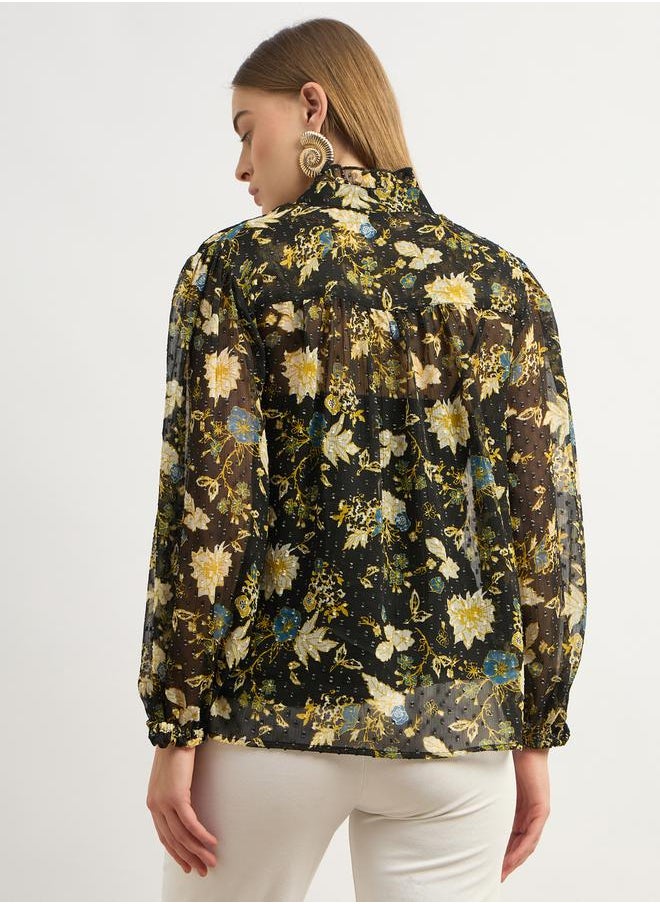 Styli - Floral Print Balloon V-Neck Blouse - Image 1