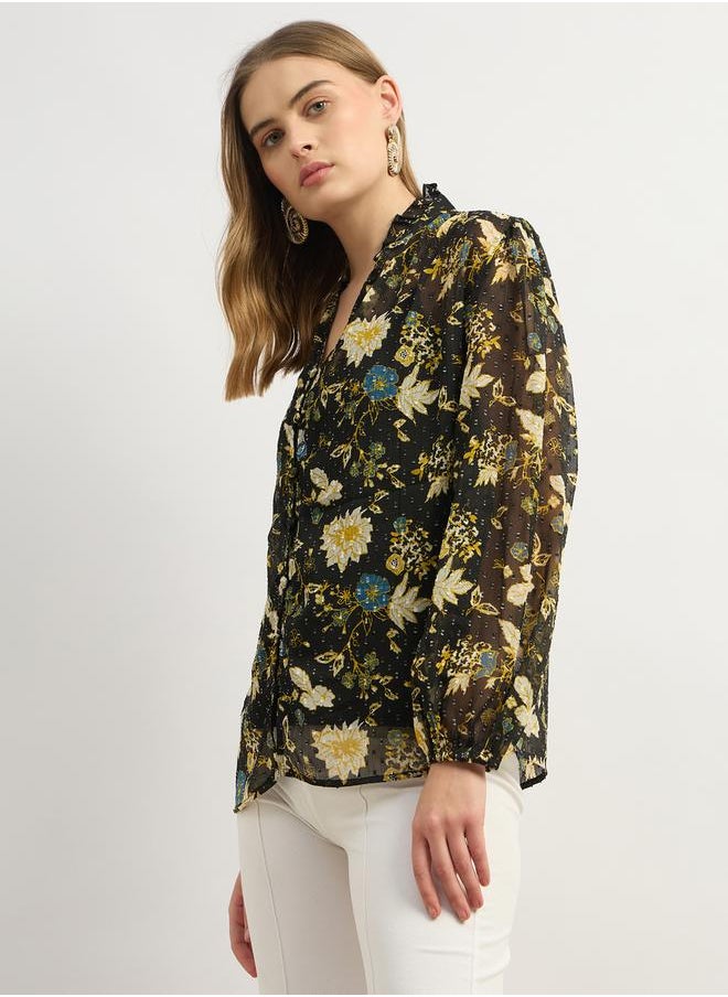 Styli - Floral Print Balloon V-Neck Blouse - Image 1