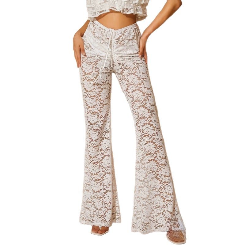European American Style Lace Wide Leg Pants High Waist Flared Vacation Trousers for Women - Image 5
