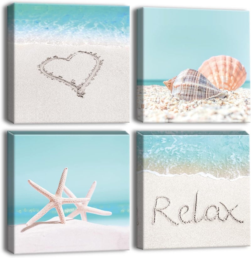 Artscope 4 Pieces Wall Art Canvas Prints - Seashell Starfish and Beach Picture Painting - Modern Wall Artwork Framed for Gifts Bathroom Home Kitchen Office Decor - 30 x 30 CM - Image 1