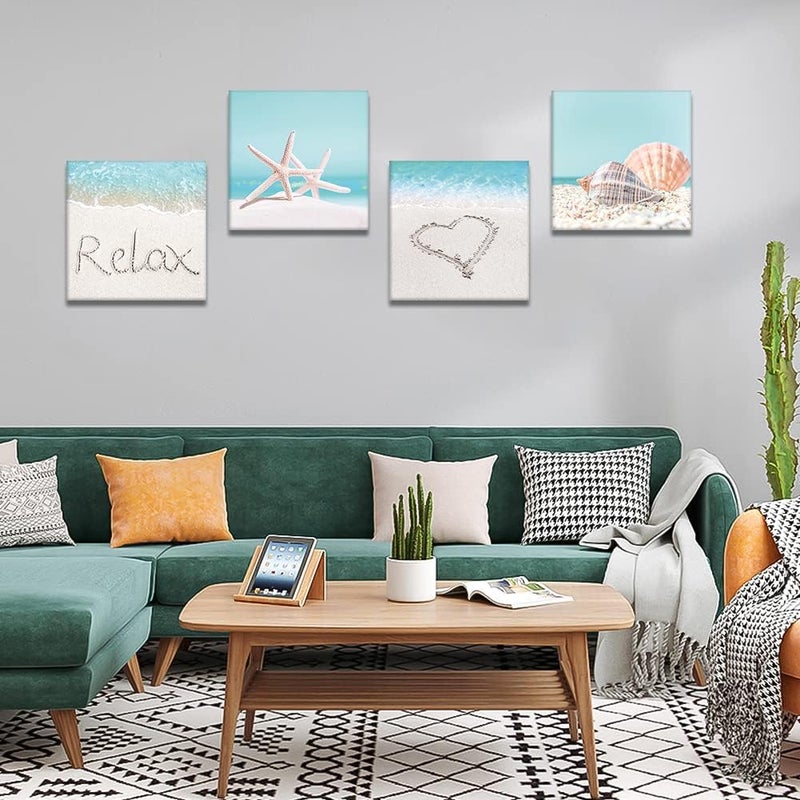 Artscope 4 Pieces Wall Art Canvas Prints - Seashell Starfish and Beach Picture Painting - Modern Wall Artwork Framed for Gifts Bathroom Home Kitchen Office Decor - 30 x 30 CM - Image 2