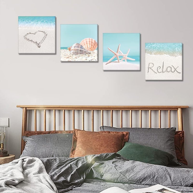 Artscope 4 Pieces Wall Art Canvas Prints - Seashell Starfish and Beach Picture Painting - Modern Wall Artwork Framed for Gifts Bathroom Home Kitchen Office Decor - 30 x 30 CM - Image 5