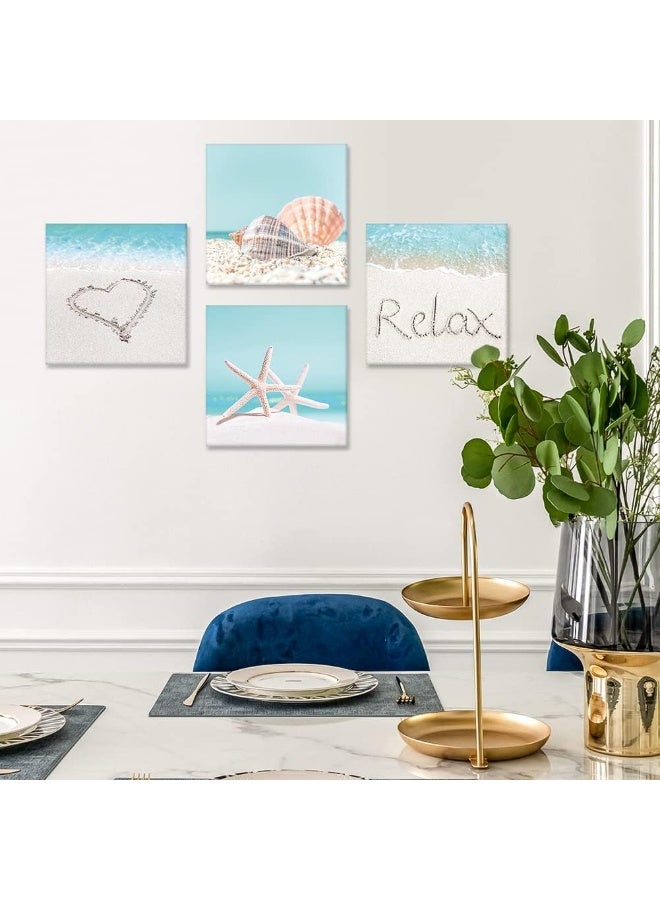 Artscope 4 Pieces Wall Art Canvas Prints - Seashell Starfish and Beach Picture Painting - Modern Wall Artwork Framed for Gifts Bathroom Home Kitchen Office Decor - 30 x 30 CM - Image 3