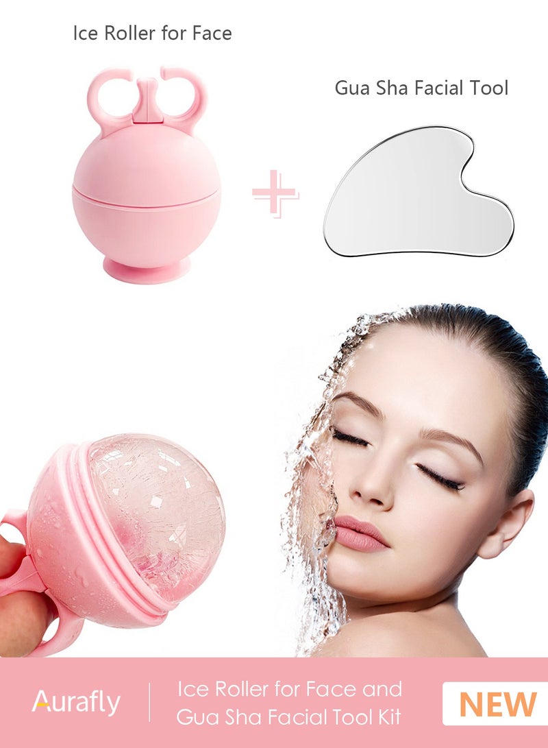 Aurafly Ice Roller for Face and Gua Sha Facial Tool Kit, Ice Cube Facial Massager with Face Gua Sha for Skin Care Eye Bags Wrinkles and Lifting Face Beauty Massager for Women Mother's Day Gift (Pink)  - Image 1
