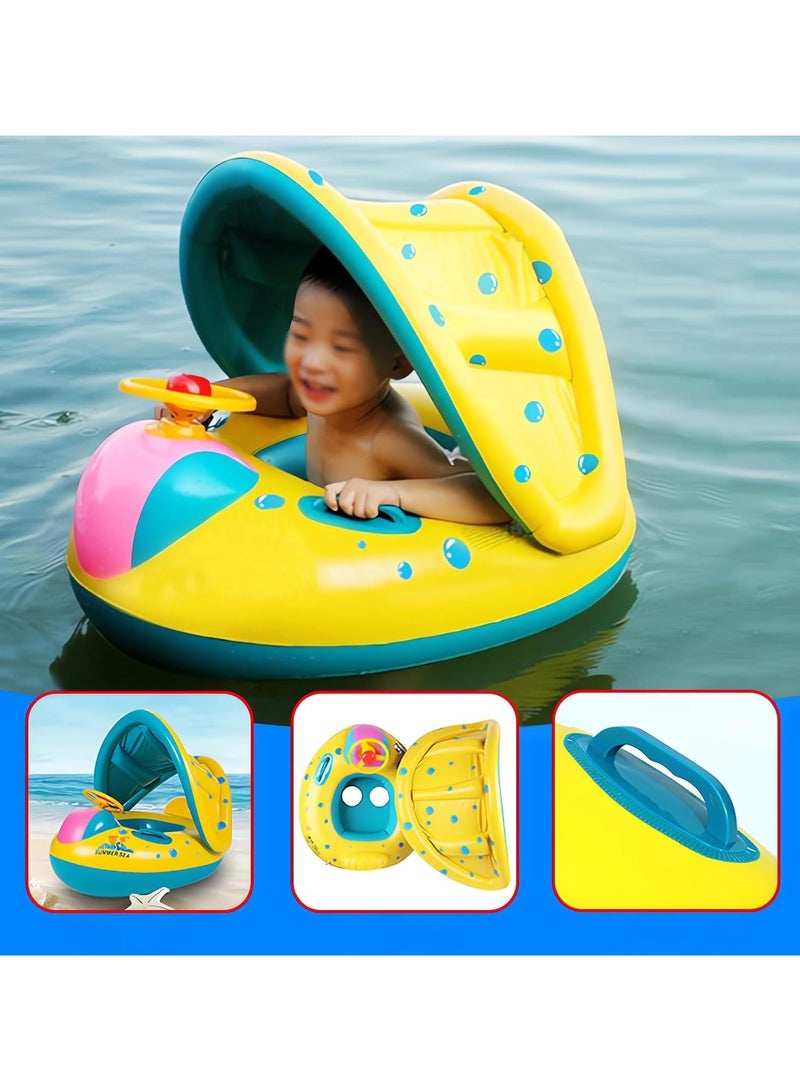 TAPIT Baby pool float, Swimming Pool Float Boat with Sun Protection Canopy Inflatable Pool Float Yacht Ring Awning Inflatable Swimming Training Float Seat for Boys Girls Summer Outdoor Party Favor (Small Yellow Croaker) - Image 2