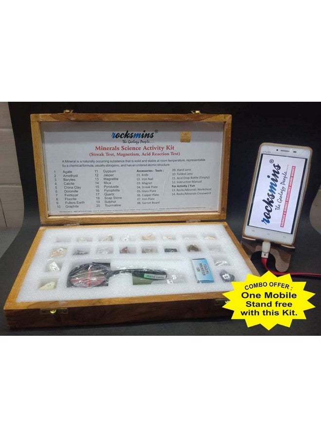 Rocksmins MI20ACWBMS Minerals Science Activity Kit in Wooden Box Set of 20 with Tools, Instruction Manual and Crossword with Free Mobile Stand Rock Mineral collection - Image 2
