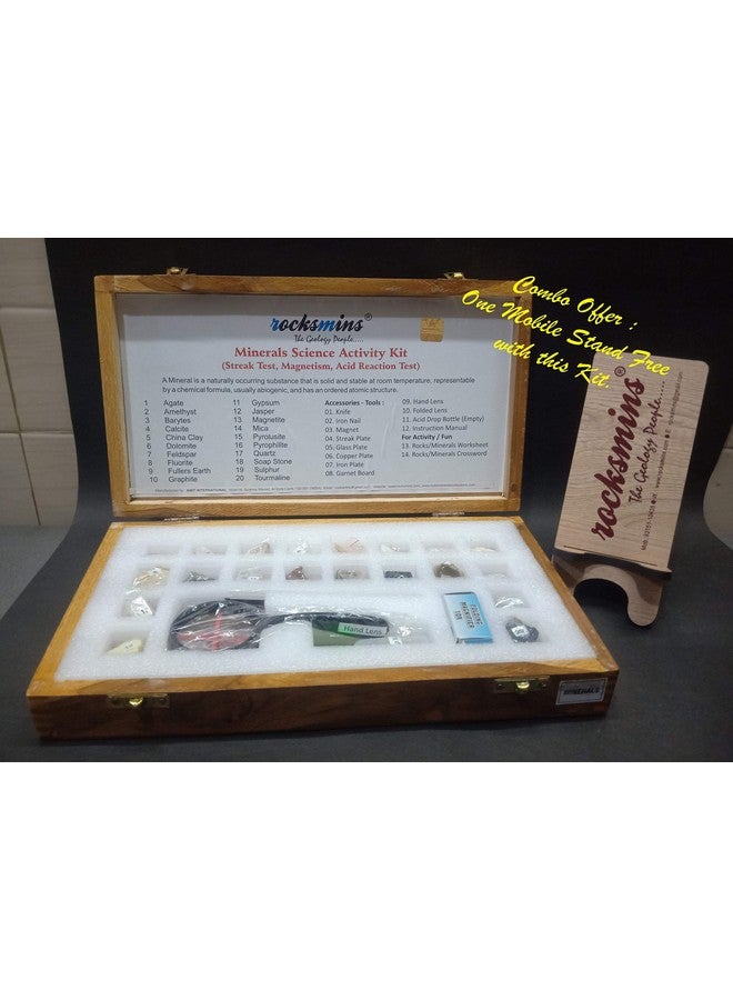 Rocksmins MI20ACWBMS Minerals Science Activity Kit in Wooden Box Set of 20 with Tools, Instruction Manual and Crossword with Free Mobile Stand Rock Mineral collection - Image 1