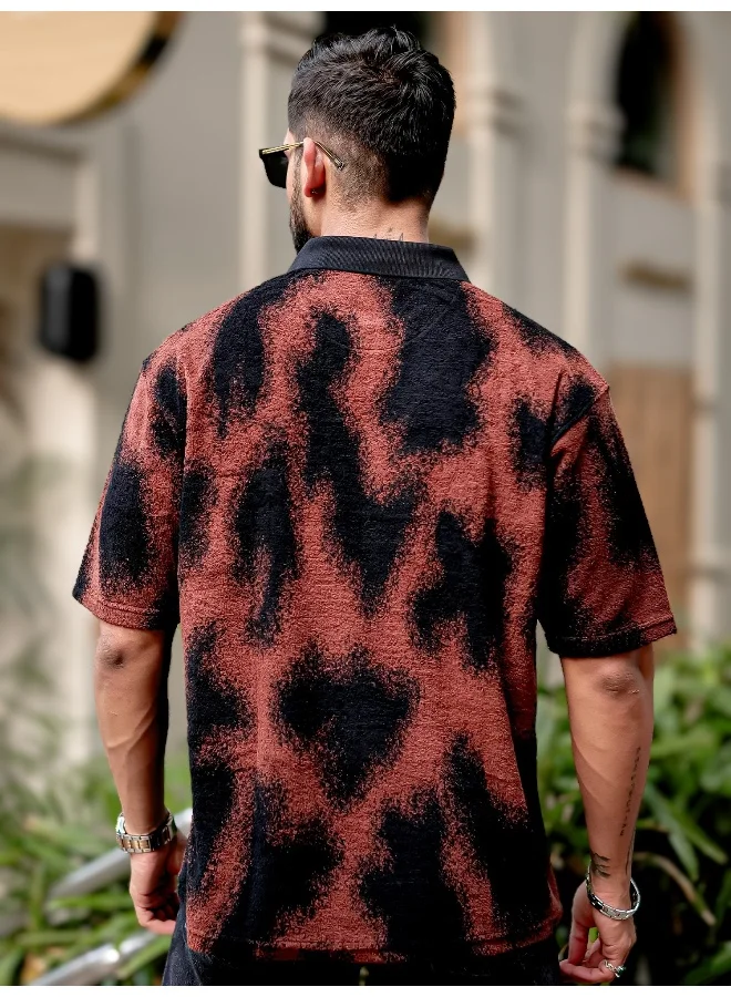 Maniac Mens Spray Art Polo Neck 3/4th Sleeve Maroon Cotton T-Shirt