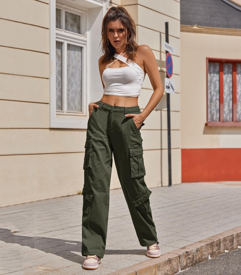 ZMPSIISA Women Pants High Waisted Cargo Pants Combat Military Wide Leg Casual Trousers 8 Pockets(Green,Small) - Image 3