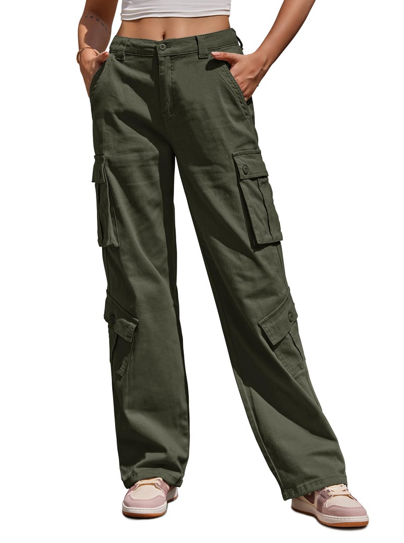 ZMPSIISA Women Pants High Waisted Cargo Pants Combat Military Wide Leg Casual Trousers 8 Pockets(Green,Small) - Image 1