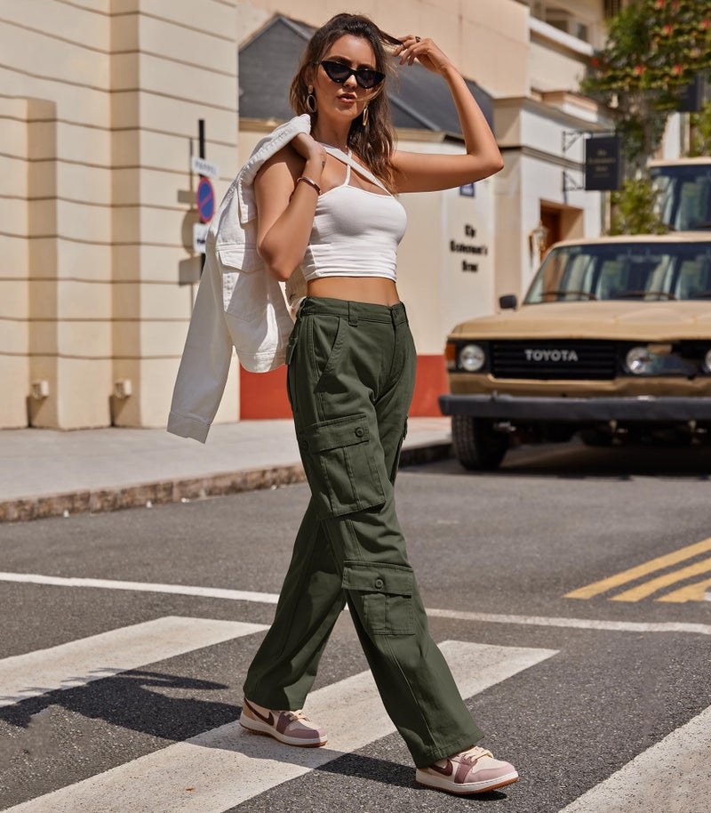 ZMPSIISA Women Pants High Waisted Cargo Pants Combat Military Wide Leg Casual Trousers 8 Pockets(Green,Small) - Image 5