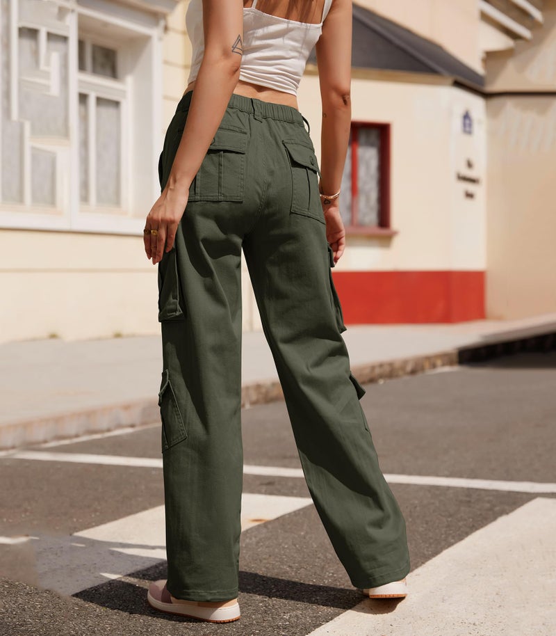 ZMPSIISA Women Pants High Waisted Cargo Pants Combat Military Wide Leg Casual Trousers 8 Pockets(Green,Small) - Image 2