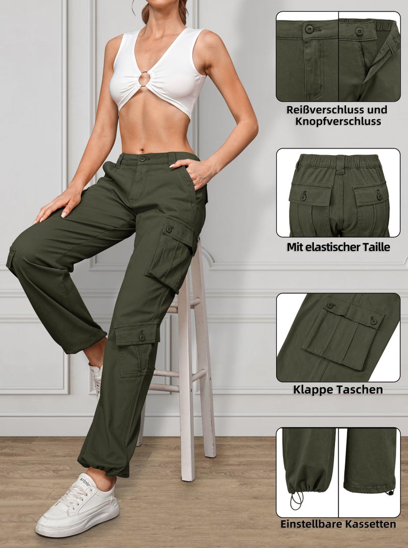 ZMPSIISA Women Pants High Waisted Cargo Pants Combat Military Wide Leg Casual Trousers 8 Pockets(Green,Small) - Image 4