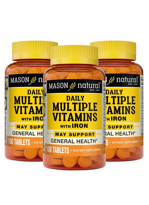 Daily Multiple Vitamins With Iron Vitamins A C D E B1 B2 B3 B6 B12 Folate And Calcium For Overall Health 100 Tablets (Pack Of 3)