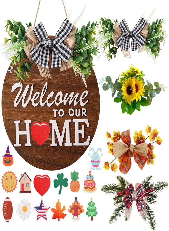 HOMCDALY Interchangeable Welcome Sign for Front Door with 4 Seasonal Wreaths and 14 Changeable Icons, Farmhouse Front Porch Décor, Front Door Decoration, Seasonal Rustic Wooden Wall Sign home décor (7wood) - Image 1