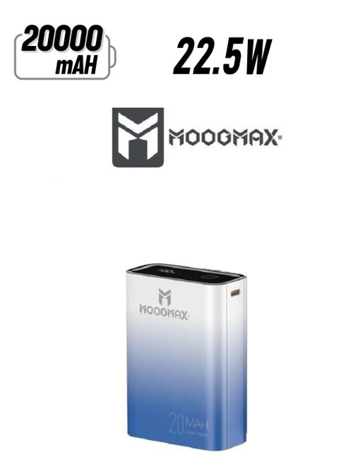 Marvel power bank 20000mAh with 22.5W, and an elegant design, small Mini size and weight, two ports (Type-C) & (USB-A), portable power bank fast charging, and a digital display screen. Gradient cyan color