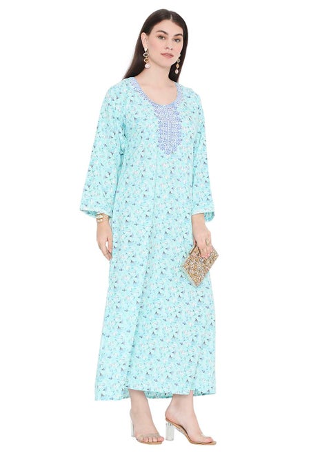 LONG VISCOSE STYLISH PRINTED WITH UNIQUE EMBROIDERY ARABIC KAFTAN JALABIYA DRESS
