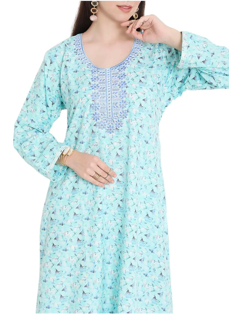 HANA & SARA LONG VISCOSE STYLISH PRINTED WITH UNIQUE EMBROIDERY ARABIC KAFTAN JALABIYA DRESS
