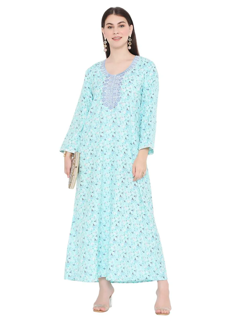 HANA & SARA LONG VISCOSE STYLISH PRINTED WITH UNIQUE EMBROIDERY ARABIC KAFTAN JALABIYA DRESS