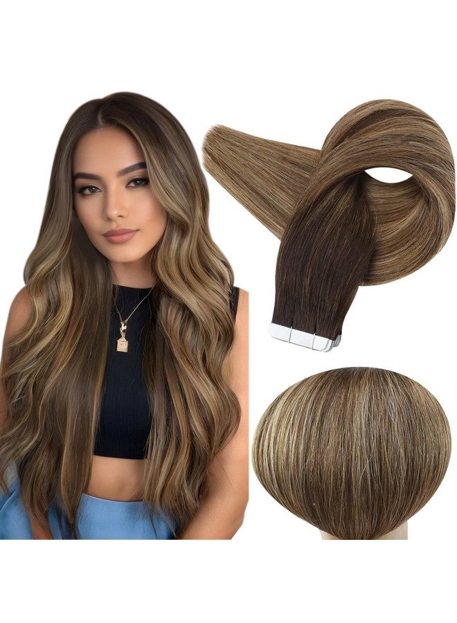 Full Shine Balayage Tape In Hair Extensions Human Hair 14 Inch Tape In Extensions 2/3/27 Brown To Blonde Mixed Brown Ombre Seamless Skin Weft Tape Ins Human Hair Extensions Straight Hair 50Gram 20 Pcs - Image 1