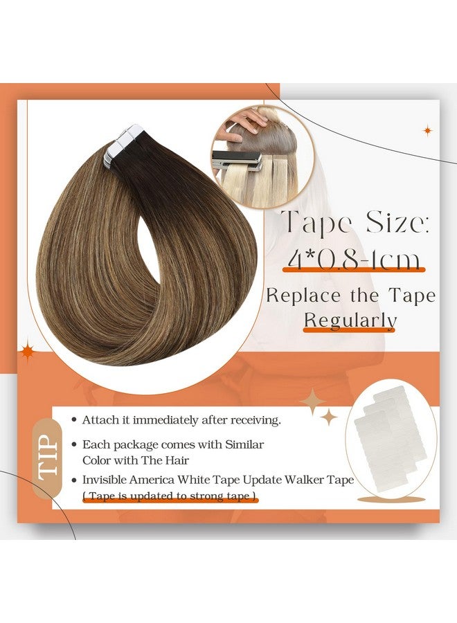 Full Shine Balayage Tape In Hair Extensions Human Hair 14 Inch Tape In Extensions 2/3/27 Brown To Blonde Mixed Brown Ombre Seamless Skin Weft Tape Ins Human Hair Extensions Straight Hair 50Gram 20 Pcs - Image 4