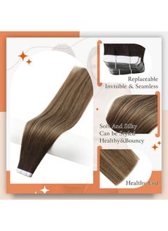 Full Shine Balayage Tape In Hair Extensions Human Hair 14 Inch Tape In Extensions 2/3/27 Brown To Blonde Mixed Brown Ombre Seamless Skin Weft Tape Ins Human Hair Extensions Straight Hair 50Gram 20 Pcs  - Image 2