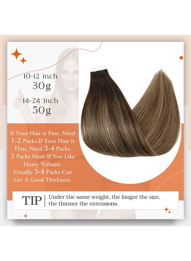 Full Shine Balayage Tape In Hair Extensions Human Hair 14 Inch Tape In Extensions 2/3/27 Brown To Blonde Mixed Brown Ombre Seamless Skin Weft Tape Ins Human Hair Extensions Straight Hair 50Gram 20 Pcs - Image 3
