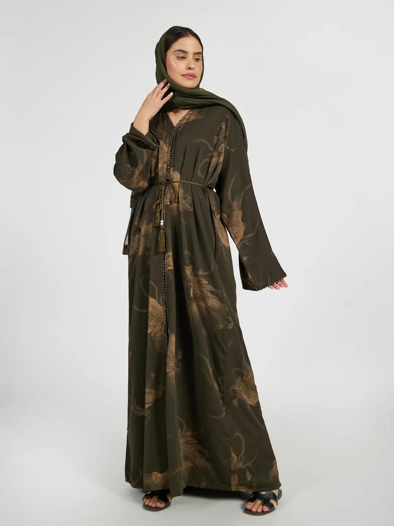 Olive Green Botanical Print Abaya with Braided Belt
