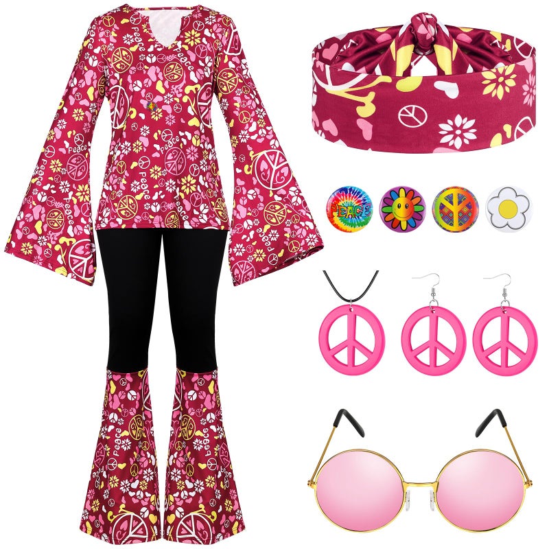 Jiuguva 17pcs 60s 70s Outfits for Women Hippie Costume Set Disco Outfit ElegantXXLarge - Image 2