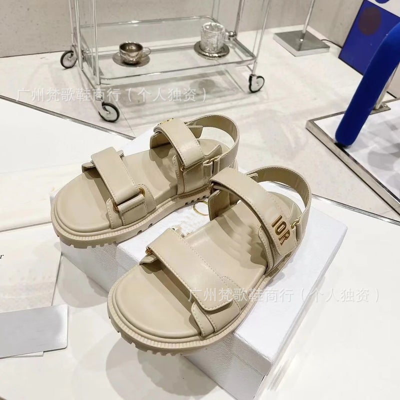 D-Brand Thick Sole Sandals Womens Casual Magic Tape Metallic Letter Buckle White