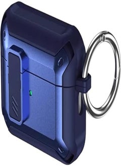 Ultra Luxury Defense Armor Protective Case Cover with Lock Compatible for Airpods Pro 2 Military Grade Case with Safety Switch Lock Button and Carabiner Keychain Hook (Blue)