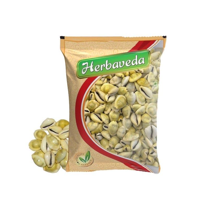 HERBAVEDA - Peeli Kaudi 100g | For Pooja | Peeli kodi | Peeli Koudi | Yellow Kawri | Kodi Peeli | Cowrie Sea Shell | Laxmi and Diwali Pooja Article Kaudi Shells - Image 1